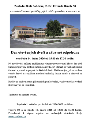 Den otevřených dveří ZŠ Soběslav, tř. Dr. Edvarda Beneše 50