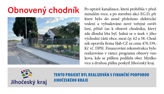 Obnovený chodník - za podpory z POV - Jihočeský kraj