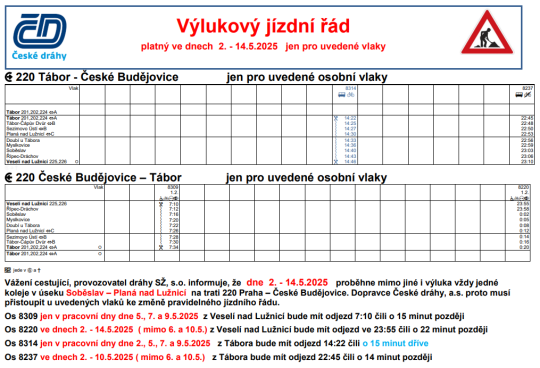 Výluky ČD 2. - 14. 5. 2025